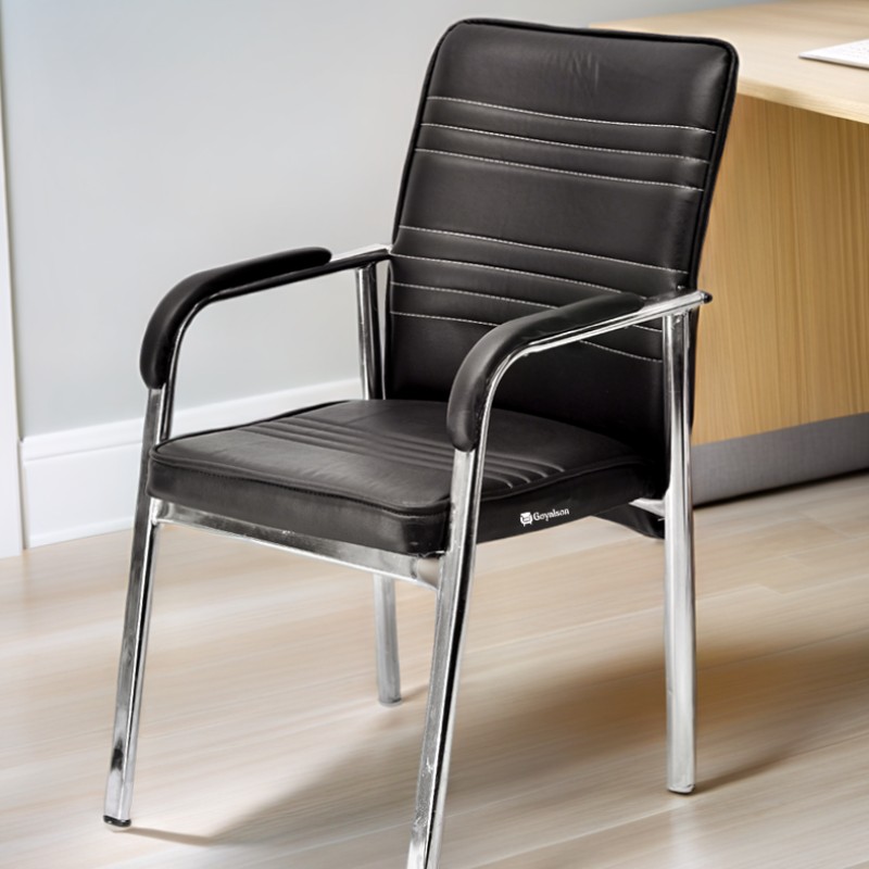 Goyalson office visitor chair is designed with a durable chrome frame, a well-padded seat and backrest, and sturdy armrests, providing a stable and dependable seating option without wheels.