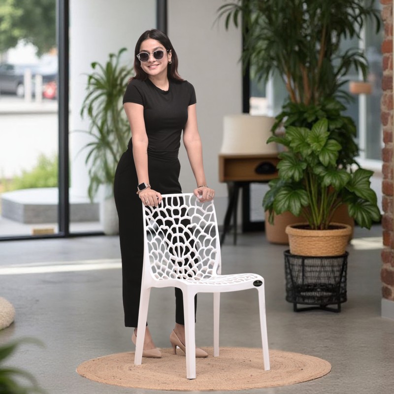 GOYALSON® Gloss Finish Plastic Web (Jali) Chair, a lightweight and durable armless design ideal for outdoor use, homes, offices, study areas, and reception spaces.